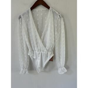 Swiss Dot Overlap Collar Flounce Bodysuit Size XS White Coquette Beachy New